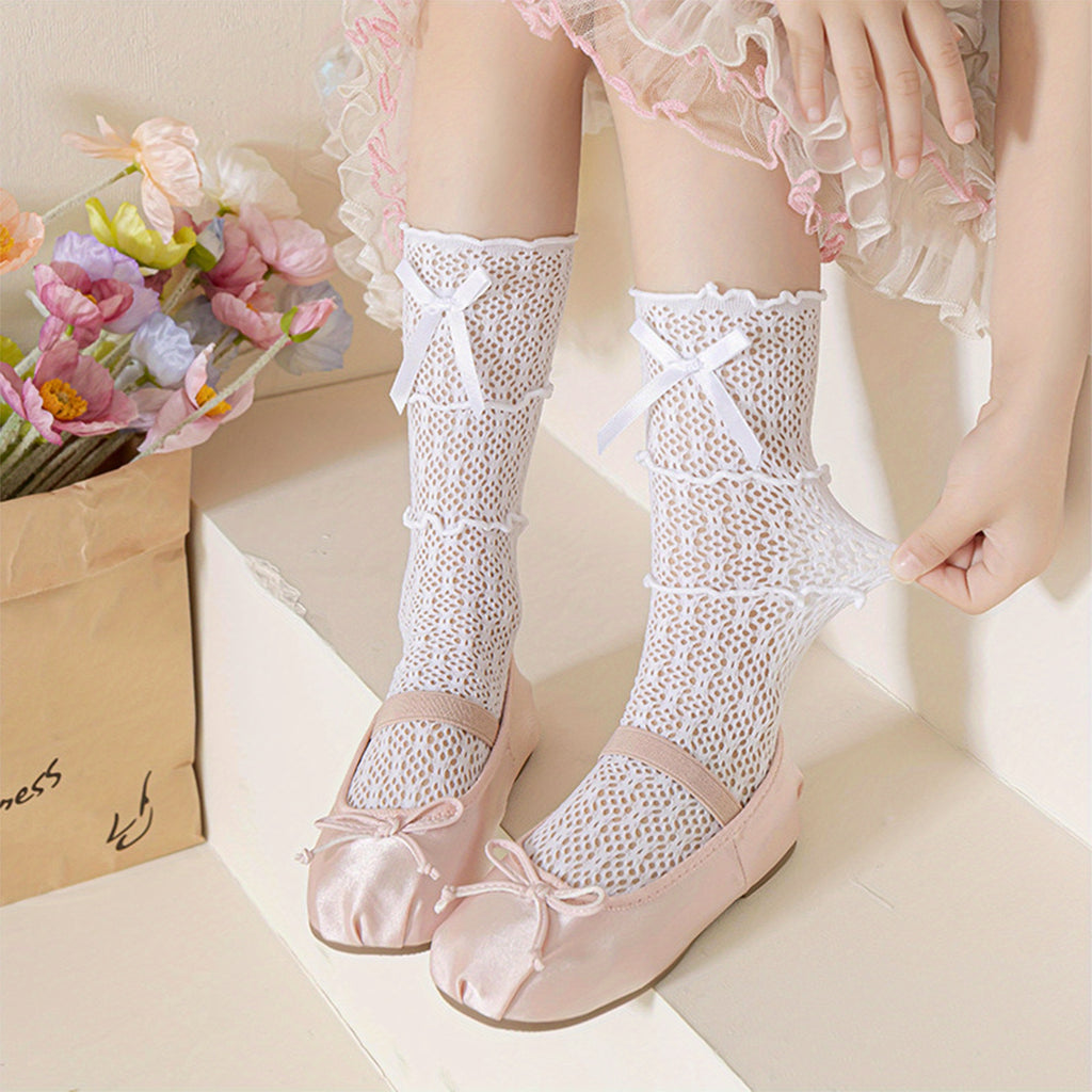 Kids Socks for Girls Cute Lace Bowknot Anti-Skid Socks Mid-Calf Socks Spring Summer Stockings