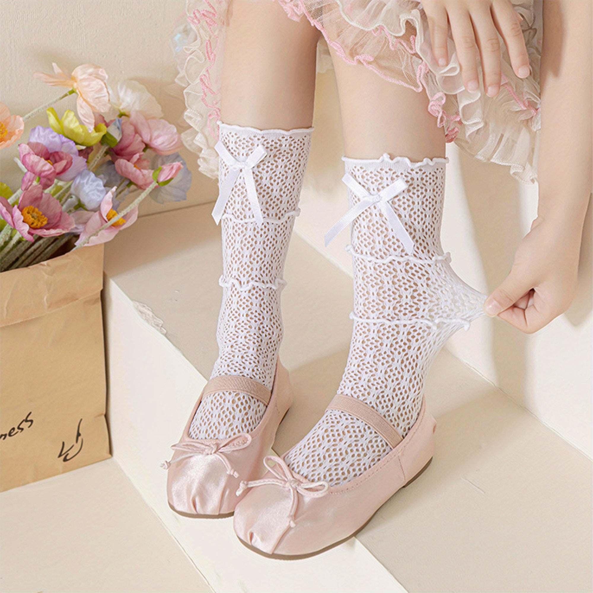 Kids Socks for Girls Cute Lace Bowknot Anti-Skid Socks Mid-Calf Socks Spring Summer Stockings