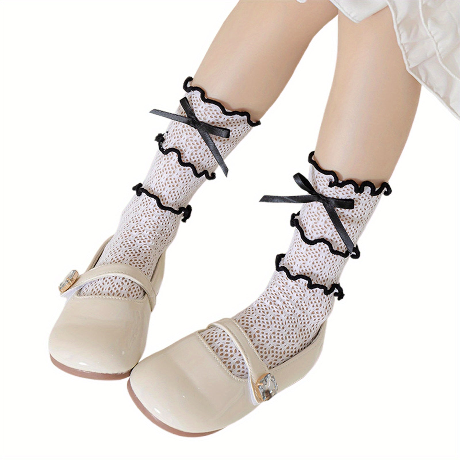 Kids Socks for Girls Cute Lace Bowknot Anti-Skid Socks Mid-Calf Socks Spring Summer Stockings