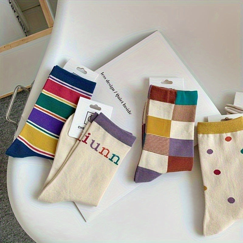 4 Pairs, Ladies, Cute, Boat Socks, Casual, Vintage, Pattern, Color, Weaving, Gift.