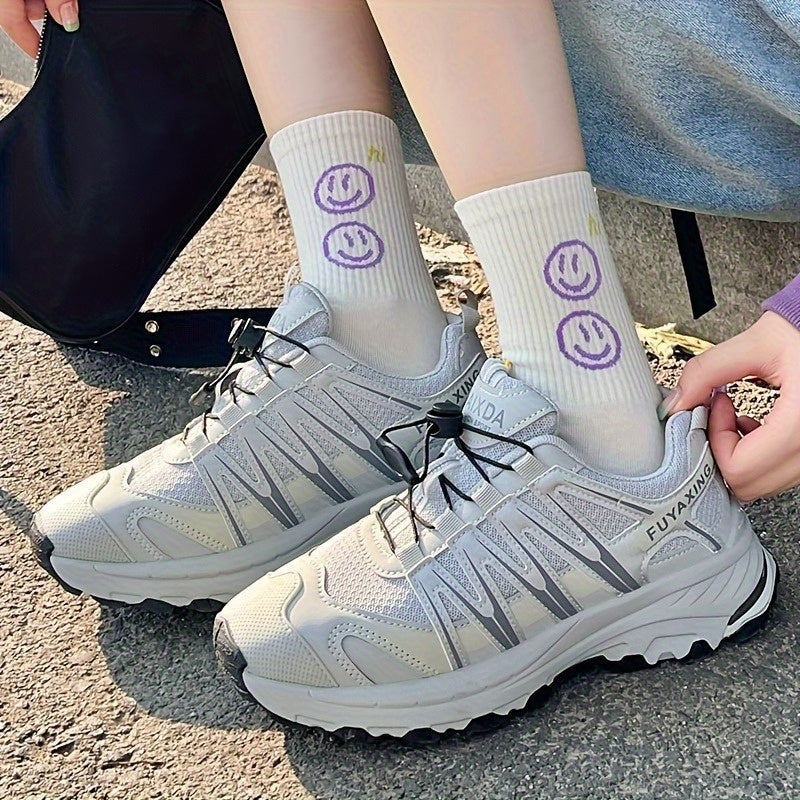 Happy Face Alphabet Women's Socks - All-Season Trendy Street Style Skateboard-Inspired Socks with Positive Messages (Good Vibes, Keep Smile) - Hand Wash Only, Instagrammable Fashion