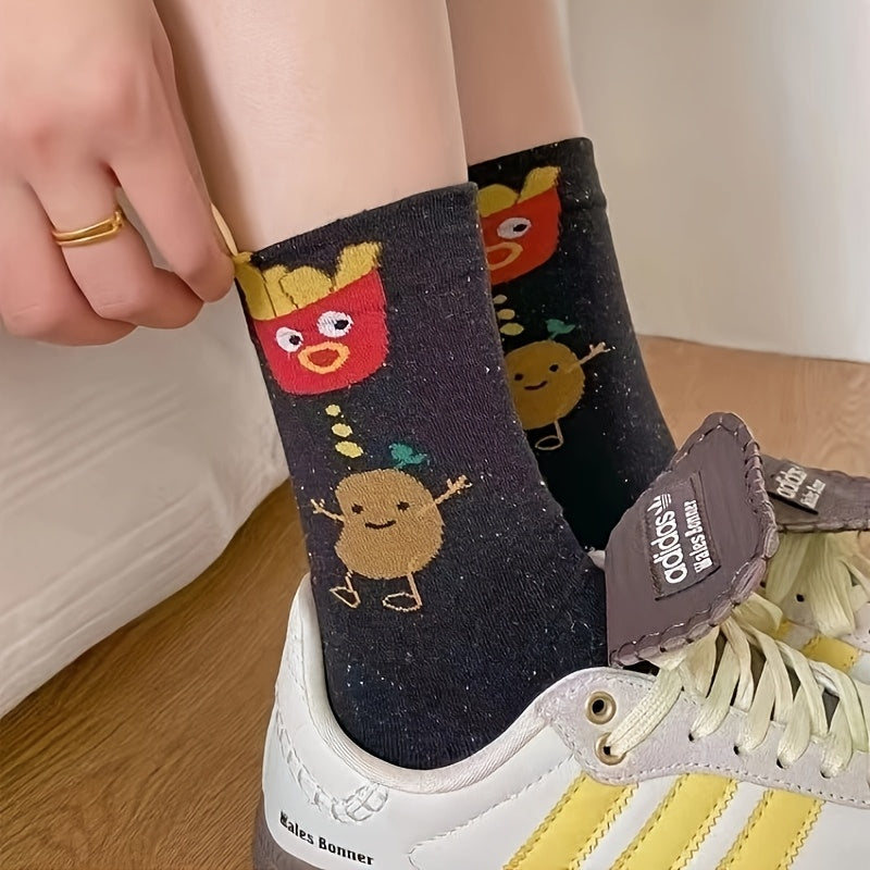 5 Pairs 2025 Trendy Unisex Couple Socks - Ins Style Cartoon Animal & Food Print Long Socks, 5 Colors, Soft Polyester All-Season Warm Socks for Home, Sports, Sleep, Casual Outings, Cozy Home Socks | Vibrant Sock Collection | Polyester Socks, Cute Socks