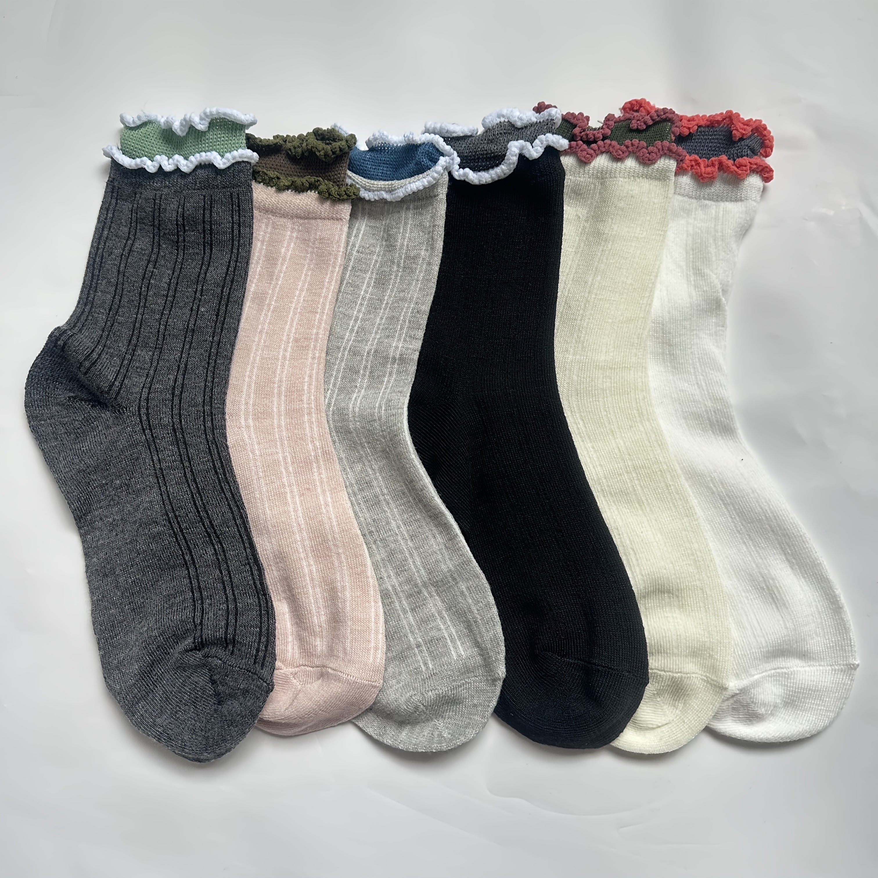 6 Pairs Women'S Double-Layer Ruffled Mid-Calf Socks - Scalloped Edge Lace Trim, Soft Stackable Design, Assorted Solid Colors for Casual & Formal Wear, Layered Sock Styling, Soft Texture
