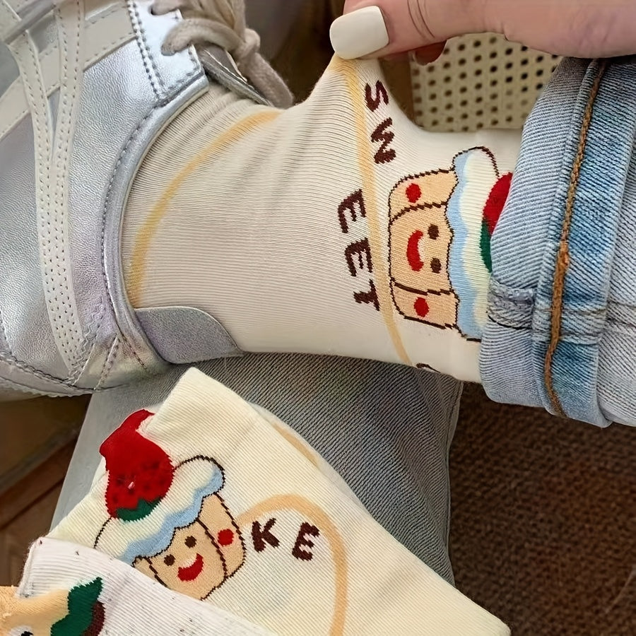 5 Pairs 2025 Trendy Unisex Couple Socks - Ins Style Cartoon Animal & Food Print Long Socks, 5 Colors, Soft Polyester All-Season Warm Socks for Home, Sports, Sleep, Casual Outings, Cozy Home Socks | Vibrant Sock Collection | Polyester Socks, Cute Socks