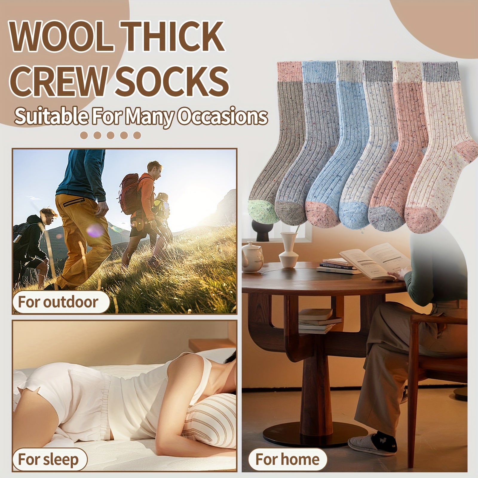 6 Pairs Merino Wool Cute Striped Women Socks, Crew Long Fashion Socks, Color Blocked Striped Pile Socks Hiking Warm Winter Thick Thermal Crew Cozy Cabin Ladies Gift Comfy Boot Work Socks