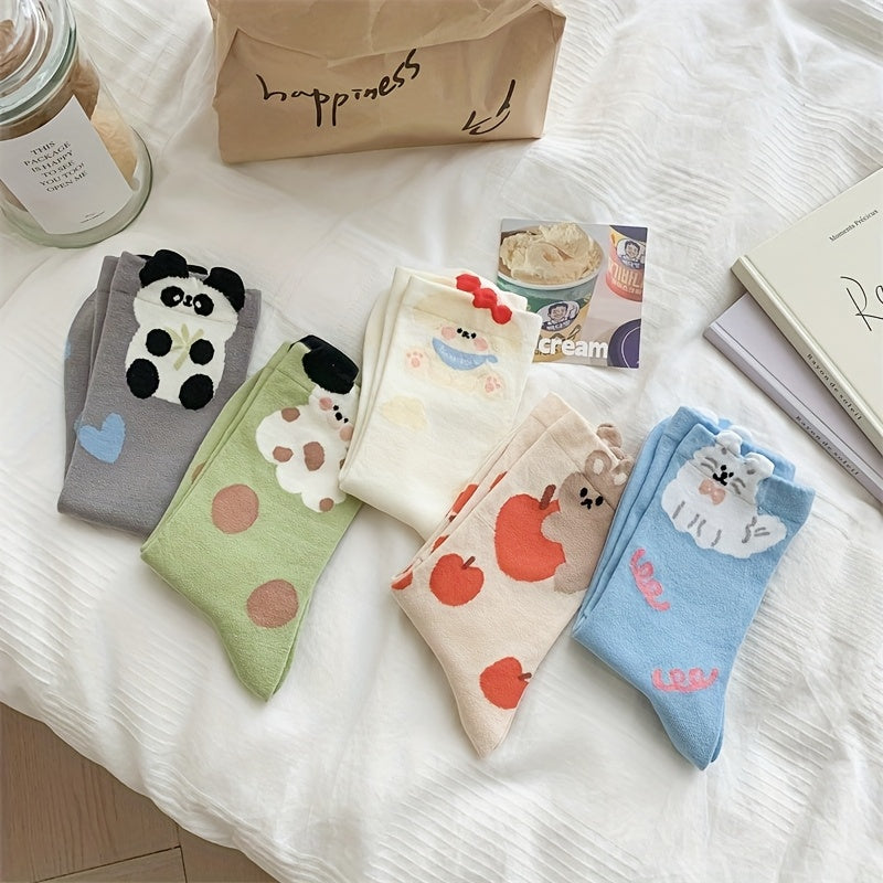 5 Pairs 2025 Trendy Unisex Couple Socks - Ins Style Cartoon Animal & Food Print Long Socks, 5 Colors, Soft Polyester All-Season Warm Socks for Home, Sports, Sleep, Casual Outings, Cozy Home Socks | Vibrant Sock Collection | Polyester Socks, Cute Socks