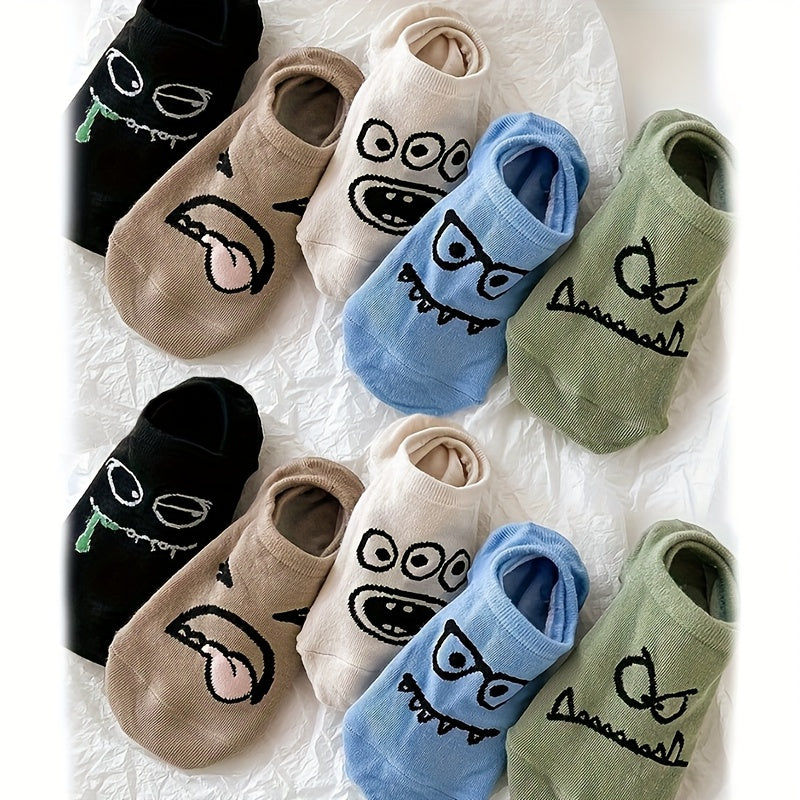 5\u002F10 Pairs Of Small Monsters Cartoon Expression Boat Socks Women Shallow Mouth Invisible Cute Personality Interesting Short Tube Not Falling Off with Soft And Comfortable