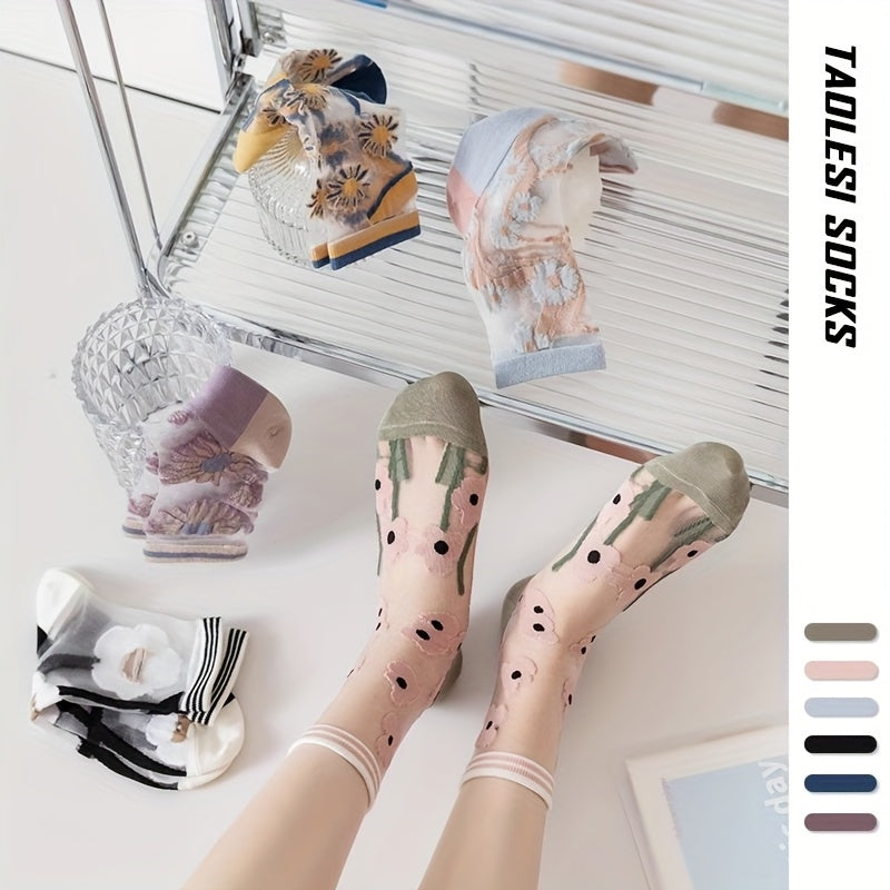 5 Pairs Women's Floral Lace Mesh Breathable Mid-Calf Socks - Lightweight Summer Thin Glass Crystal-Textured Stockings, 5 Colors for Casual Outdoor Office Beach Wear, Gift for Her, Versatile Footwear | Playful Socks | Polyester Socks, Cute Socks