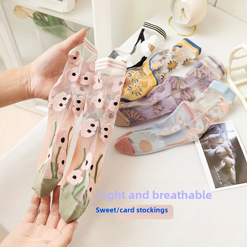 5 Pairs Women's Floral Lace Mesh Breathable Mid-Calf Socks - Lightweight Summer Thin Glass Crystal-Textured Stockings, 5 Colors for Casual Outdoor Office Beach Wear, Gift for Her, Versatile Footwear | Playful Socks | Polyester Socks, Cute Socks