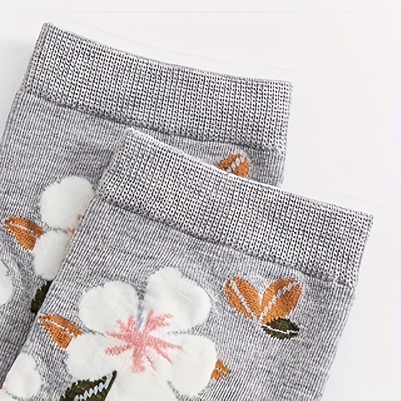 5 Pairs Women's Mid-Calf Floral Print Socks - Soft Polyester Blend, Multi-Color Mixed & Match Patterns, Cute Cartoon Style, Hand Wash Only, All-Season Casual Elegant Socks for Spring Summer