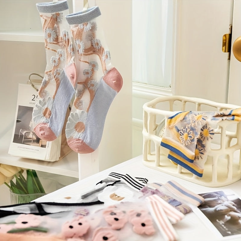 5 Pairs Women's Floral Lace Mesh Breathable Mid-Calf Socks - Lightweight Summer Thin Glass Crystal-Textured Stockings, 5 Colors for Casual Outdoor Office Beach Wear, Gift for Her, Versatile Footwear | Playful Socks | Polyester Socks, Cute Socks