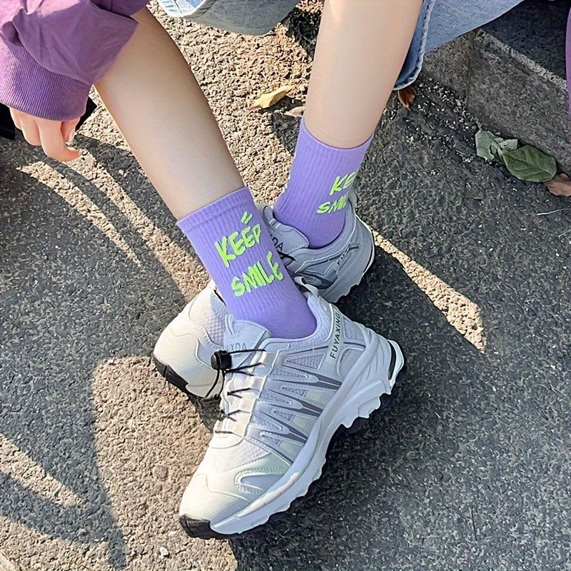 Happy Face Alphabet Women's Socks - All-Season Trendy Street Style Skateboard-Inspired Socks with Positive Messages (Good Vibes, Keep Smile) - Hand Wash Only, Instagrammable Fashion