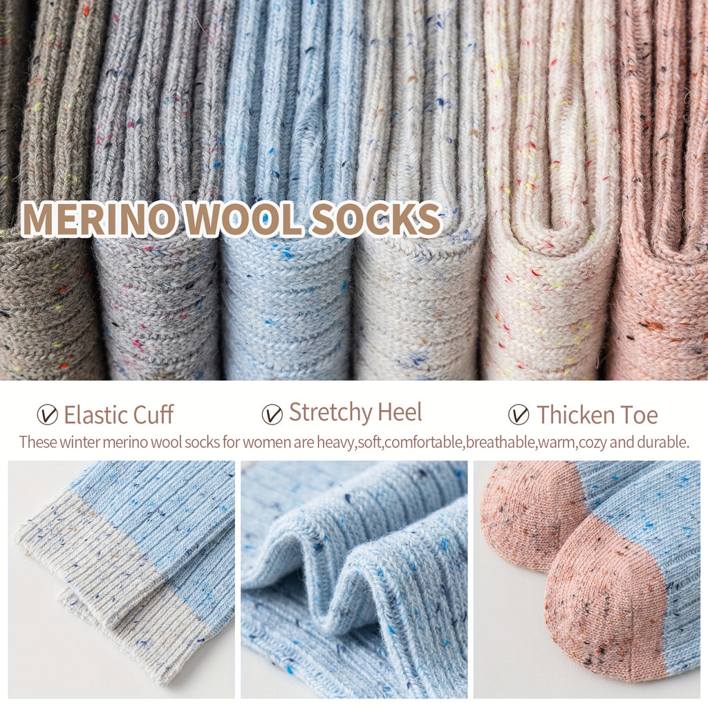 6 Pairs Merino Wool Cute Striped Women Socks, Crew Long Fashion Socks, Color Blocked Striped Pile Socks Hiking Warm Winter Thick Thermal Crew Cozy Cabin Ladies Gift Comfy Boot Work Socks
