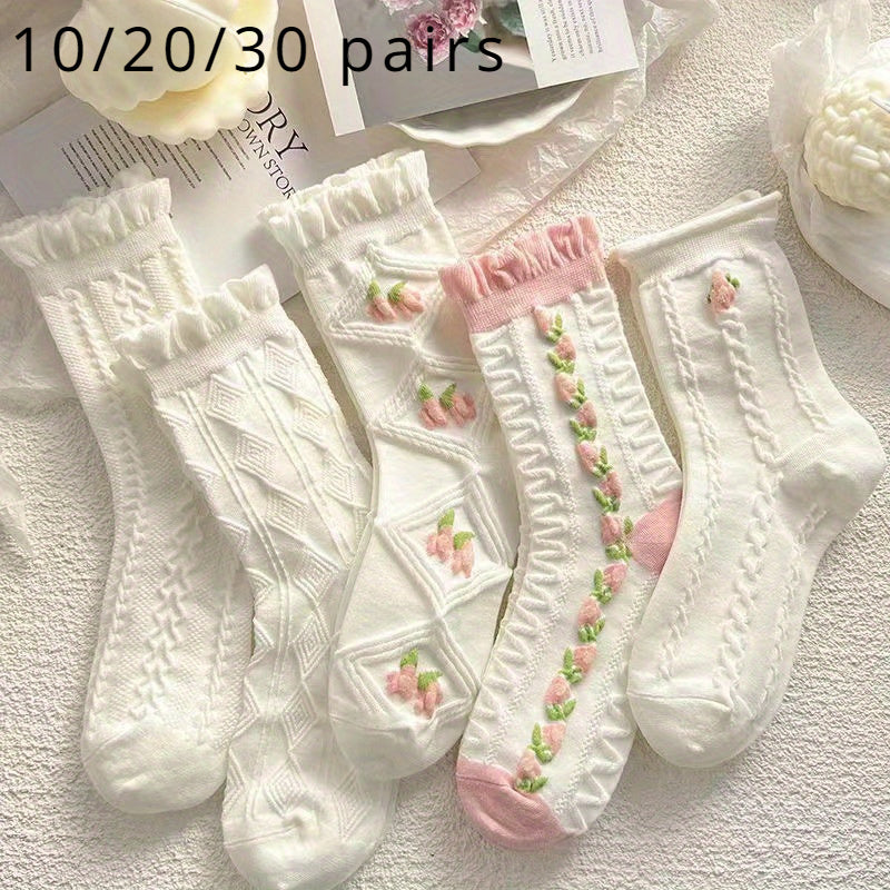 10\u002F20\u002F30 Pairs Women'S Floral Lace Mid-Calf Socks - All-Season Lightweight Pastel Pink & White, Delicate Ribbed Cuffs, Breathable Polyester for Casual Outdoor Wear, Feminine Sock Design