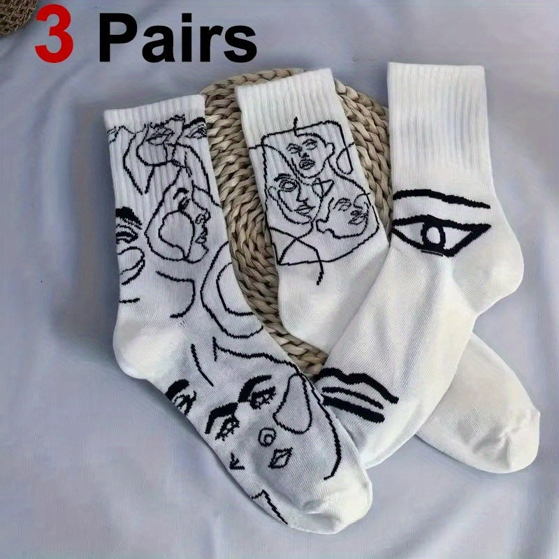 3\u002F 6 Pairs Abstract Line Paintings Mid Tube Socks Street Trend Sports Sweat Absorbing Breathable Couple Casual Socks